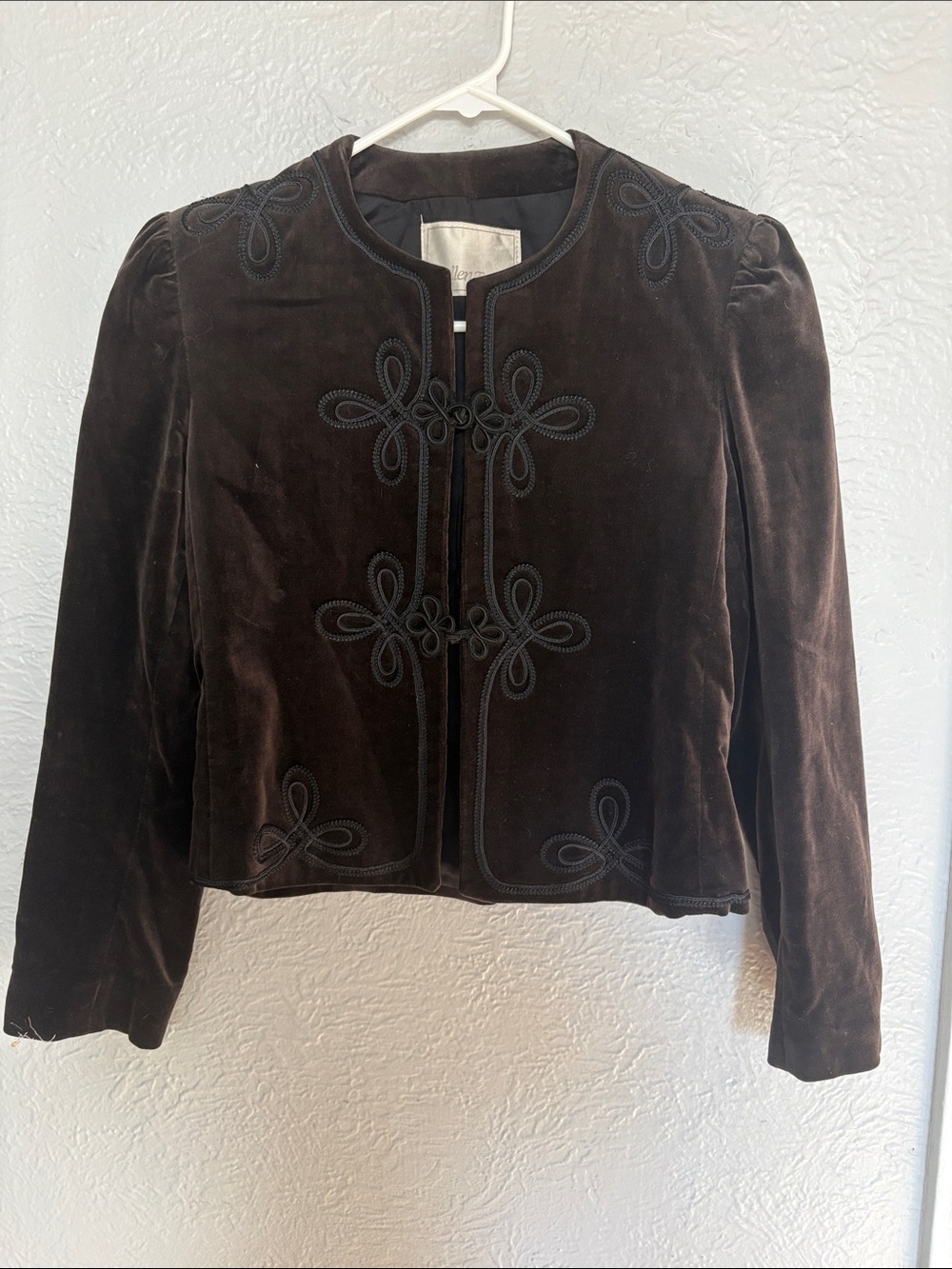 Ellen Tracy Dark Brown Velvet Embroidered Cropped Blazer